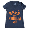 Shea Stadium Throwback ladies v-neck - The 7 Line - For Mets fans, by Mets fans. An independently owned clothing/lifestyle brand supporting the Mets players and their fans.
